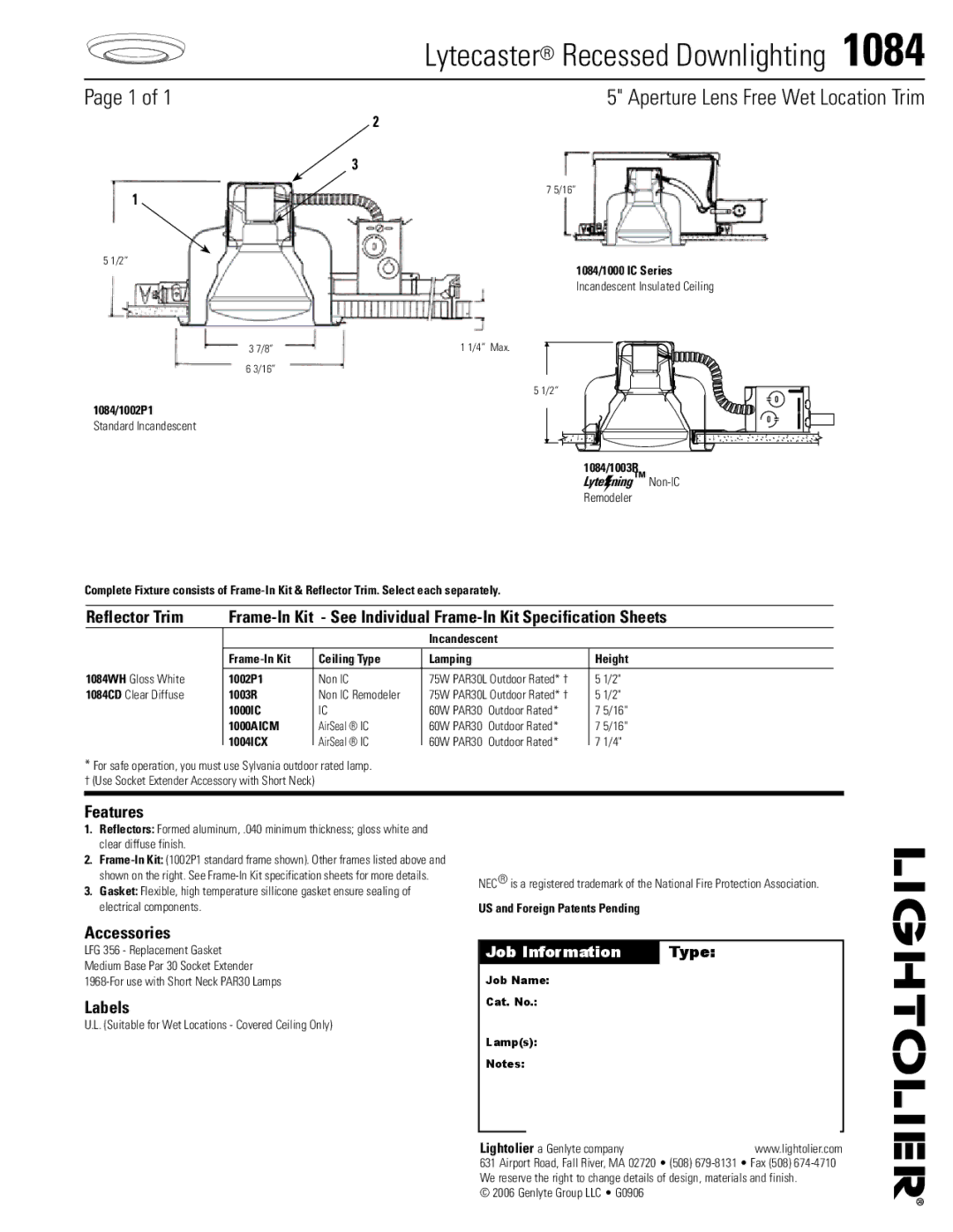 Lightolier 1084 specifications Lytecaster Recessed Downlighting , Aperture Lens Free Wet Location Trim, Features, Labels 